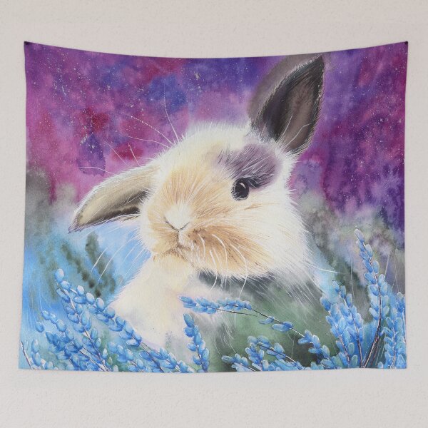 Item preview, Waterolor fluffy bunny in the blue flowers designed and sold by MaryWatercolor.