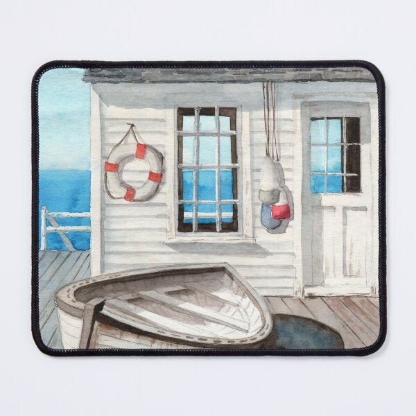 Item preview, A white beach cabin on a wood pier designed and sold by MaryWatercolor.