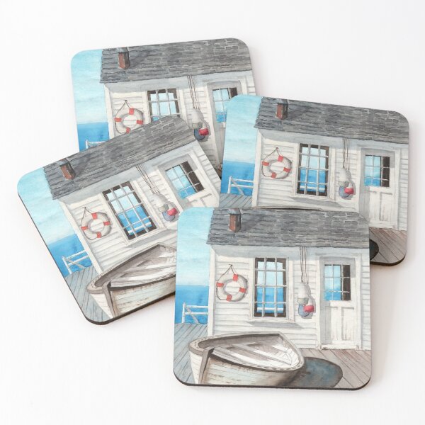 Item preview, A white beach cabin on a wood pier designed and sold by MaryWatercolor.