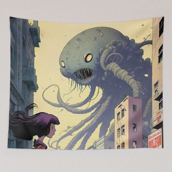 Item preview, Creepy Alien Monster Destroys City Fantasy Japanese Anime Retro 50s designed and sold by AIWanderer.