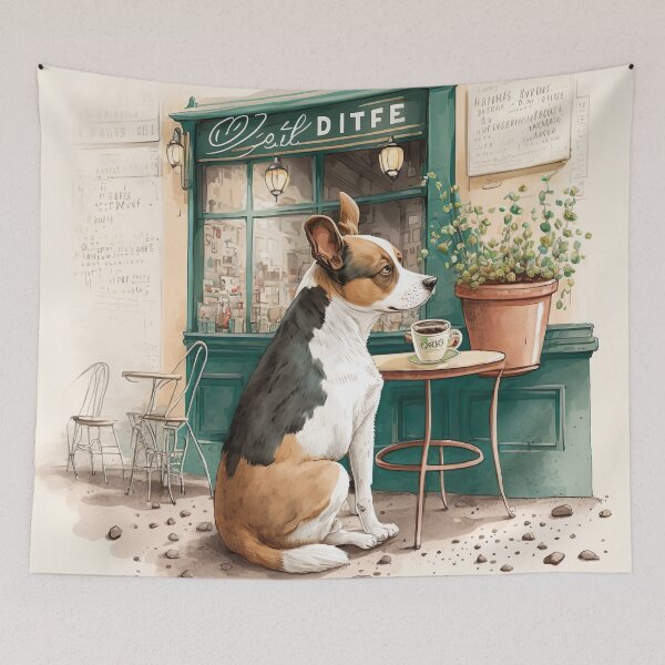 Item preview, Dog in French Bistro Coffee Illustration designed and sold by unrealartwork.