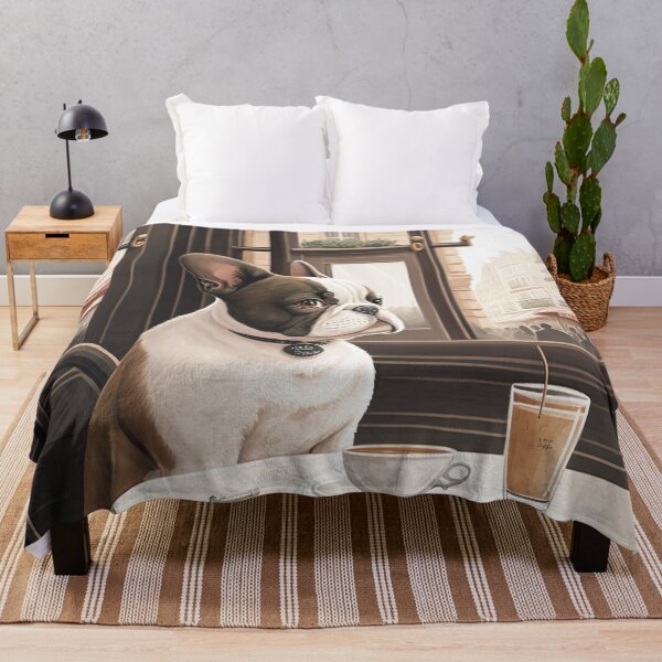 Item preview, French Bull Dog in a French Bistro Coffee Illustration designed and sold by unrealartwork.