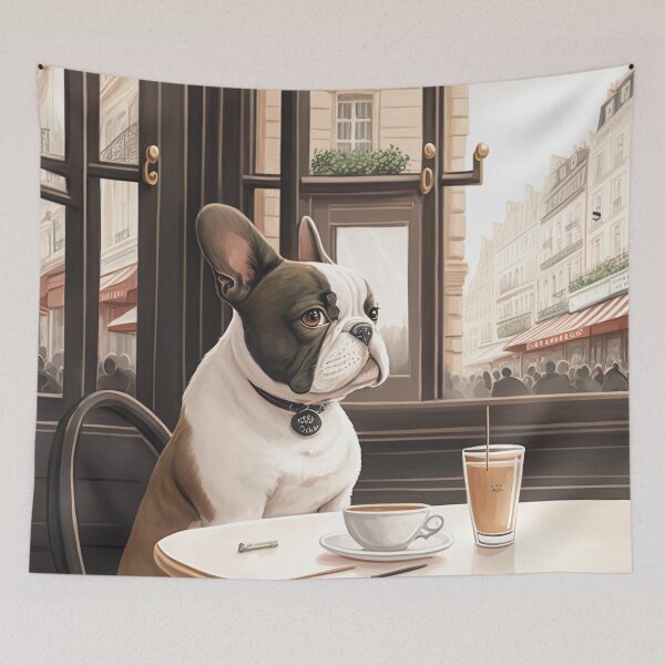 Item preview, French Bull Dog in a French Bistro Coffee Illustration designed and sold by unrealartwork.