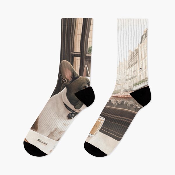 Item preview, French Bull Dog in a French Bistro Coffee Illustration designed and sold by unrealartwork.
