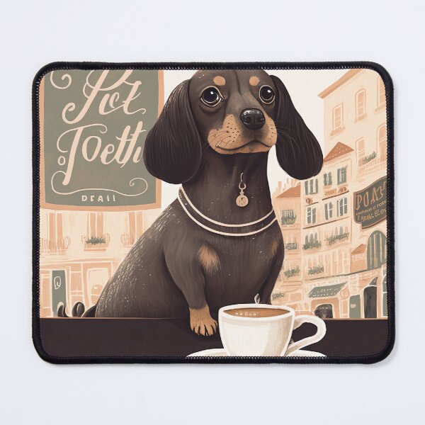 Item preview, Cute Dachshund Dog in a French Bistro Coffee Illustration designed and sold by unrealartwork.
