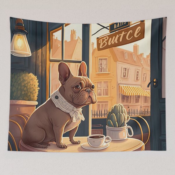 Item preview, Adorable French Bull Dog in a French Bistro Coffee Illustration designed and sold by unrealartwork.