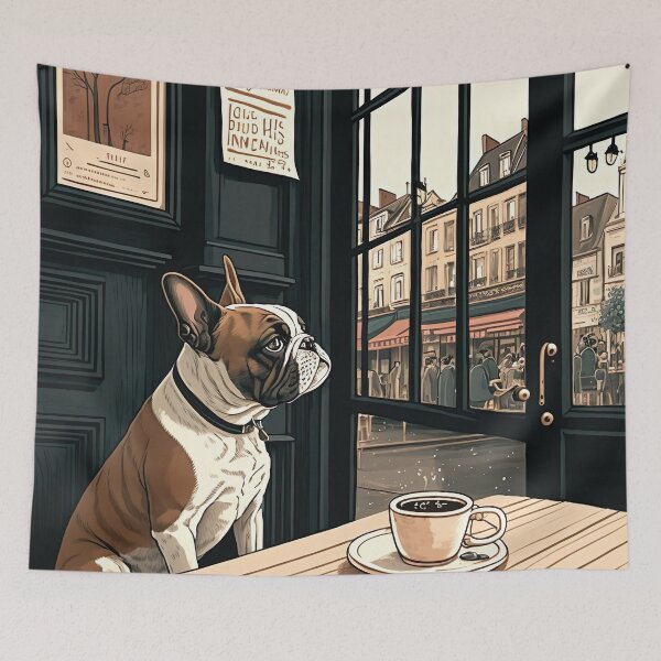 Item preview, Beautiful French Bull Dog in a French Bistro Coffee Illustration designed and sold by unrealartwork.