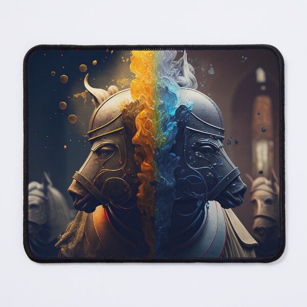 Item preview, Armor-clad Equine Warriors: A Majestic Art Piece of Two Horses in Blue and Orange designed and sold by BIBIHOX.