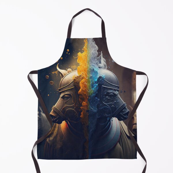 Item preview, Armor-clad Equine Warriors: A Majestic Art Piece of Two Horses in Blue and Orange designed and sold by BIBIHOX.