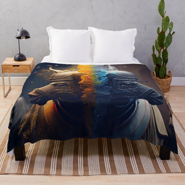 Item preview, Armor-clad Equine Warriors: A Majestic Art Piece of Two Horses in Blue and Orange designed and sold by BIBIHOX.