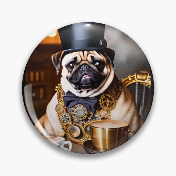 Item preview, Coffee time and vintage flair with a pug in a steampunk outfit designed and sold by ArtCreator2023.