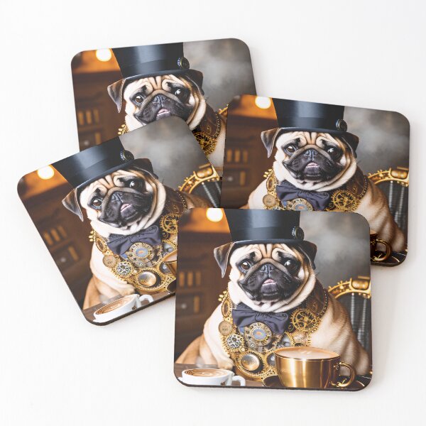 Item preview, Coffee time and vintage flair with a pug in a steampunk outfit designed and sold by ArtCreator2023.