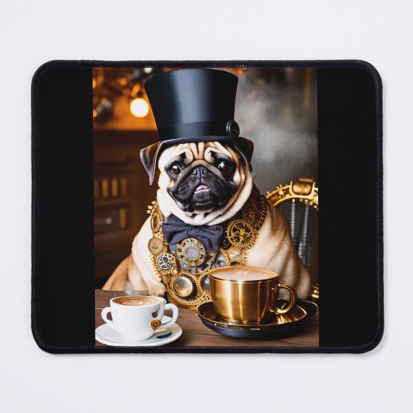 Item preview, Coffee time and vintage flair with a pug in a steampunk outfit designed and sold by ArtCreator2023.