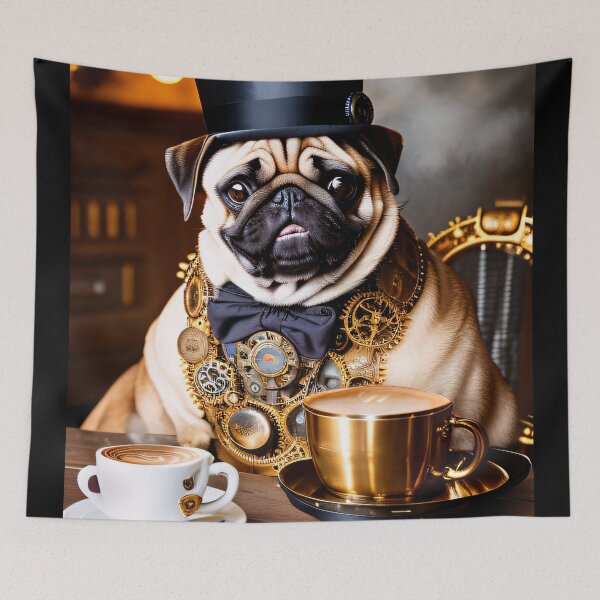 Item preview, Coffee time and vintage flair with a pug in a steampunk outfit designed and sold by ArtCreator2023.