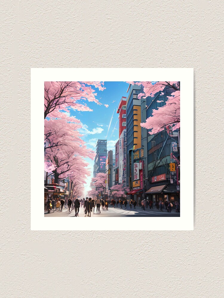 anime art style cityscape, spring season anime city