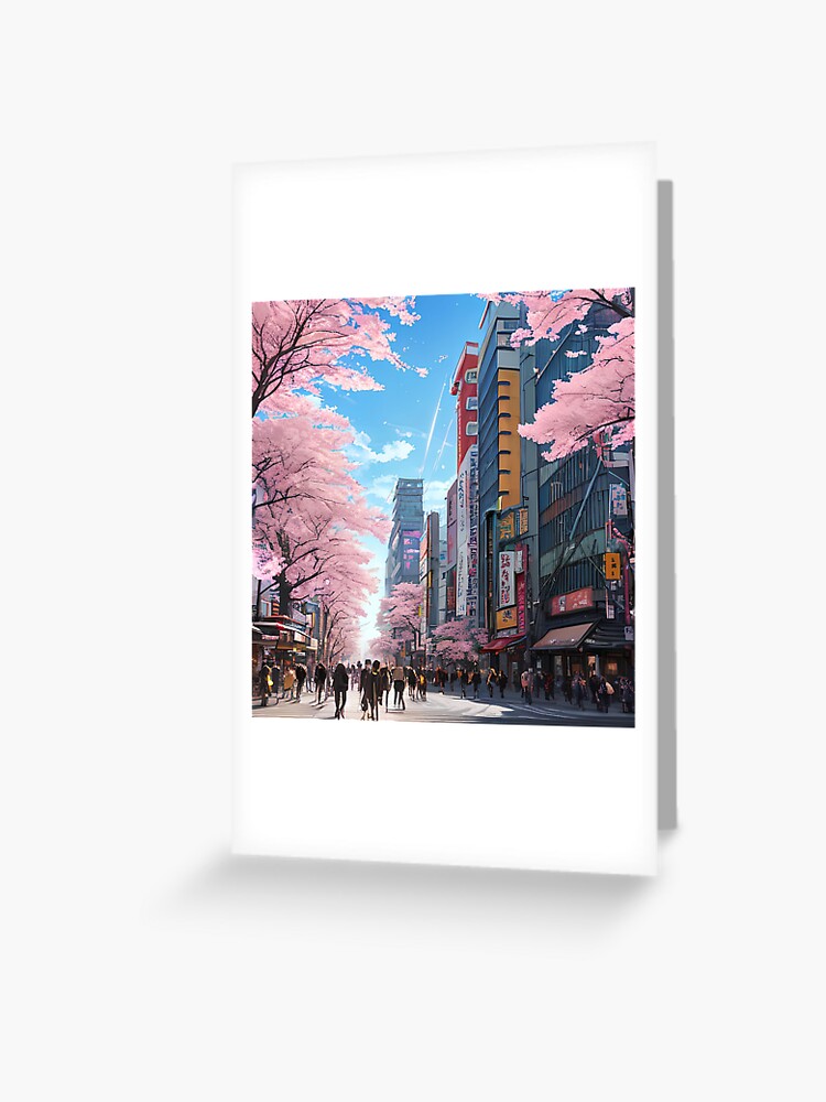 anime art style cityscape, spring season anime city