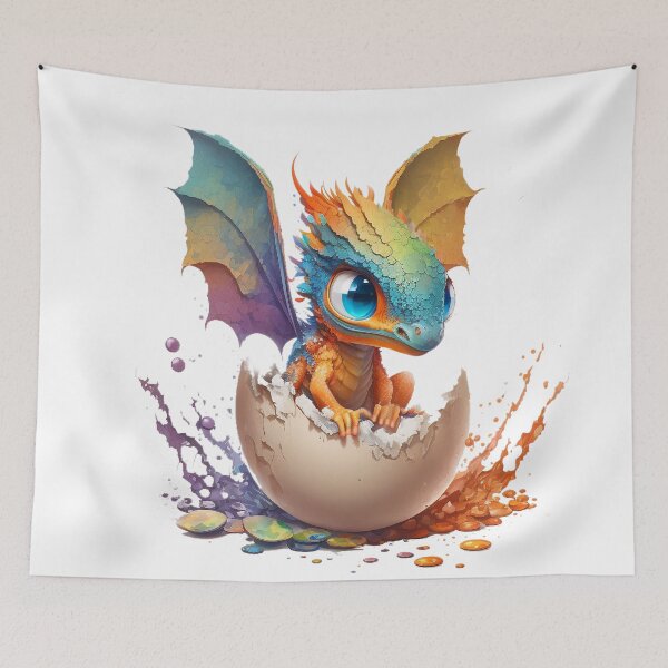 Item preview, Newly Hatched Baby Orange Multicolored Dragon with Tiny Rainbow Wings and Blue Eyes - Ready for Adventure! designed and sold by Dragonstrom.