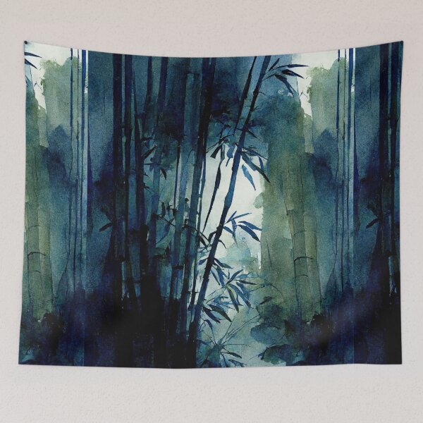 Item preview, Watercolor of a bamboo forest in blues designed and sold by artefacta.