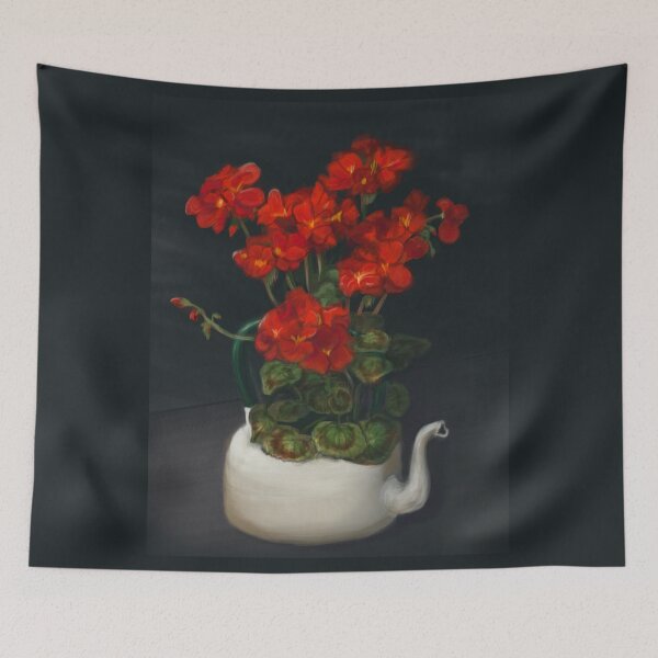 Item preview, Red Geranium in pot, handpainted fine art designed and sold by EmeraldeaArt.