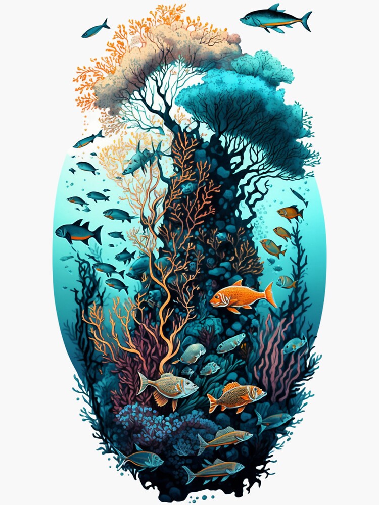 Underwater scene of the ocean. Deep blue water, coral reef and underwater  plants. | Sticker