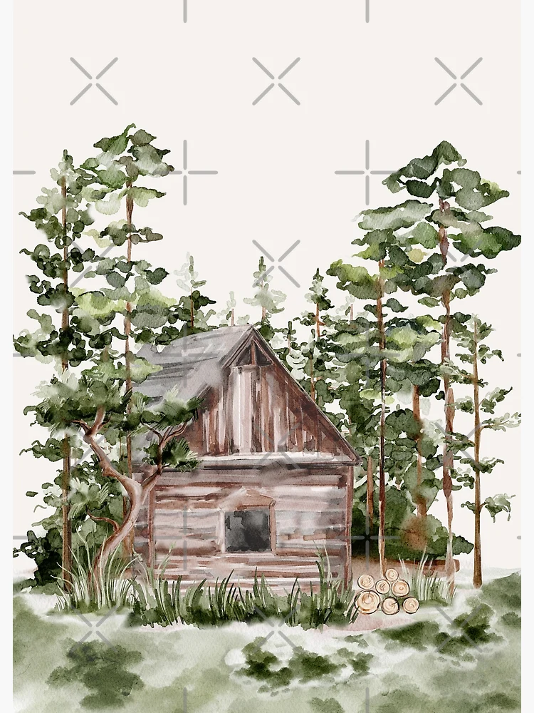Evergreen branches with diy little log house and blue sky Art