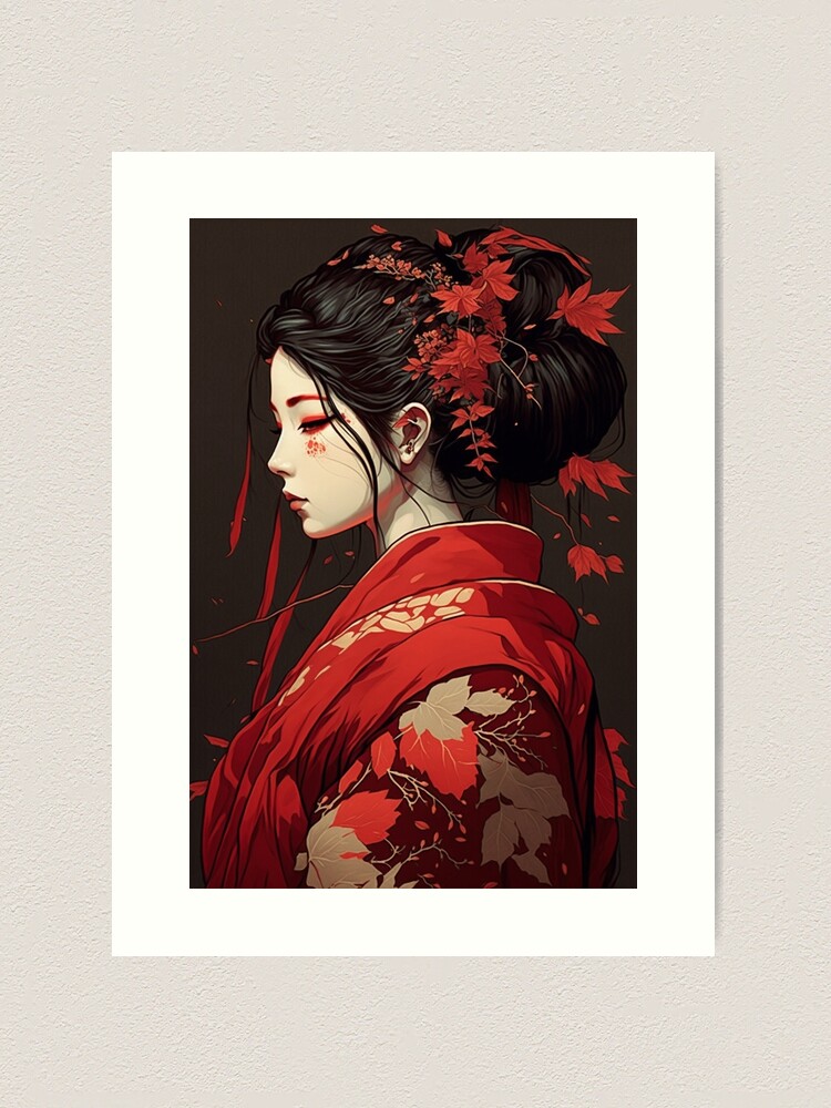 Japanese Beauty with Red Kimono | Art Print