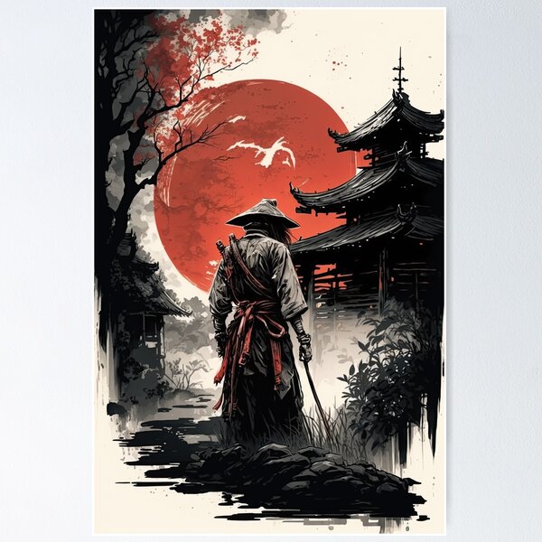 Item preview, Japanese Samurai: White and Red Ink Wash Art designed and sold by LuluDragon.