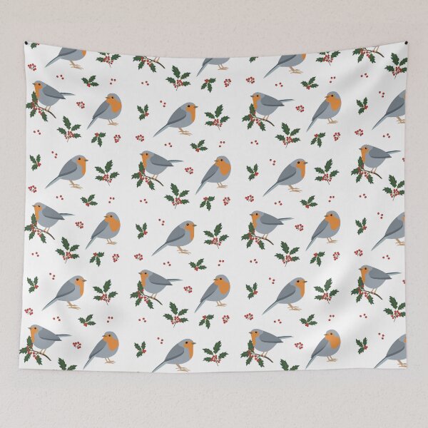Item preview, Charming European Robin Bird with Holly Berries and Leaves - White designed and sold by Rebeccatiana.nz.