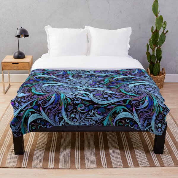Artikelvorschau, Psychedelischer Jugendstil Alphonse Mucha Blau auf schwarzem Blumengrafikdruck entworfen und verkauft von entwithanaxe.