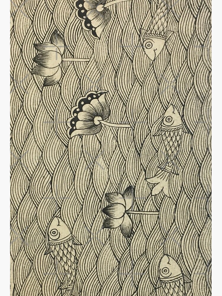 "Water waves and fishes, line art, Black and white, Rajasthani art