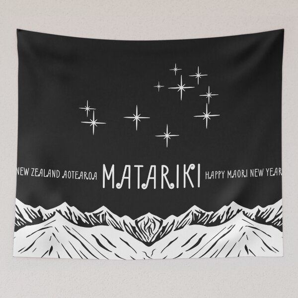 Item preview, Black and white. New Zealand New Year of the Maori people, Matariki. Pleiades of stars in the black sky and the silhouette of mountains. Aotearoa. designed and sold by GAleksS.