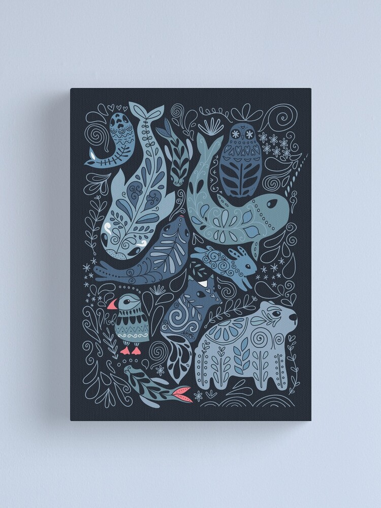 Alternate view of Arctic animals. Narwhal, polar bear, whale, puffin, owl, fox, bunny, seal. Canvas Print