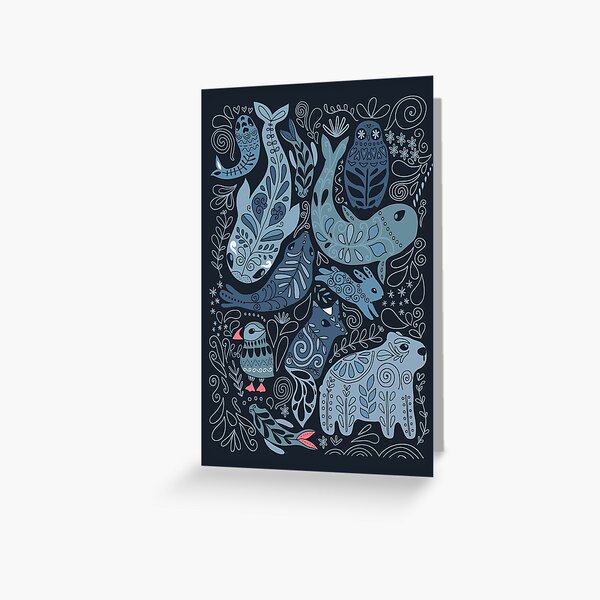 Arctic animals. Narwhal, polar bear, whale, puffin, owl, fox, bunny, seal. Greeting Card