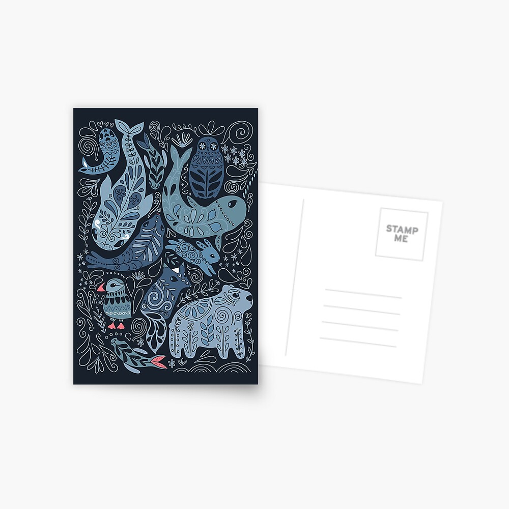Arctic animals. Narwhal, polar bear, whale, puffin, owl, fox, bunny, seal. Postcard