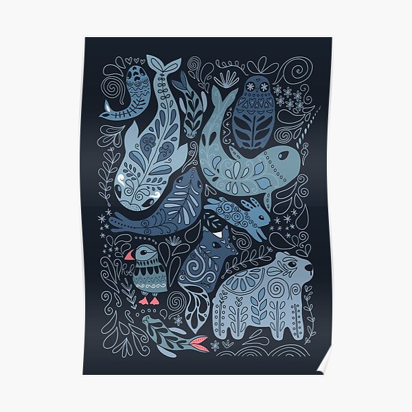 Arctic animals. Narwhal, polar bear, whale, puffin, owl, fox, bunny, seal. Poster
