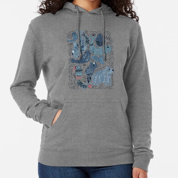 Arctic animals. Narwhal, polar bear, whale, puffin, owl, fox, bunny, seal. Lightweight Hoodie