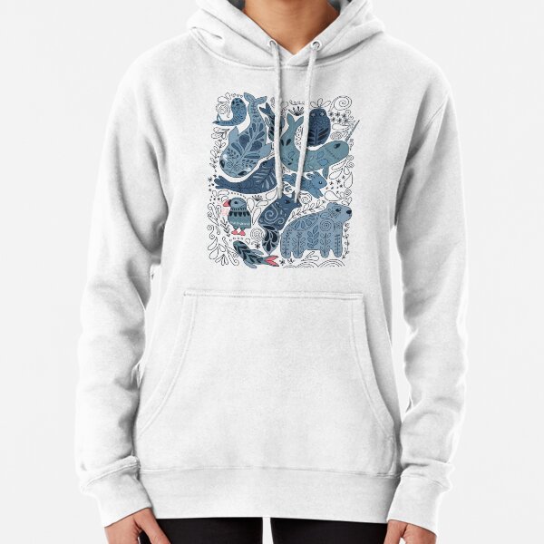 Arctic animals. Narwhal, polar bear, whale, puffin, owl, fox, bunny, seal. Pullover Hoodie