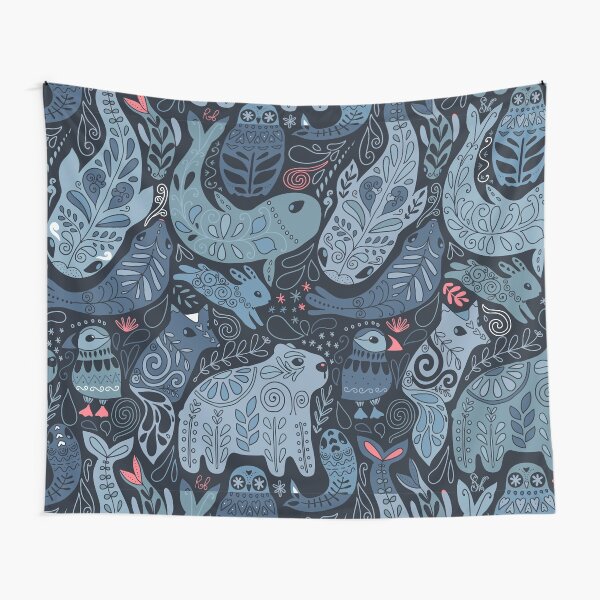 Arctic animals. Narwhal, polar bear, whale, puffin, owl, fox, bunny, seal. Tapestry