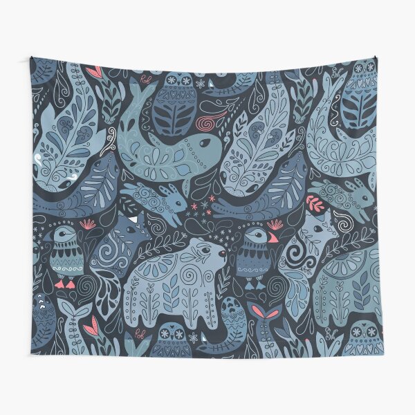 Arctic animals. Narwhal, polar bear, whale, puffin, owl, fox, bunny, seal. Tapestry