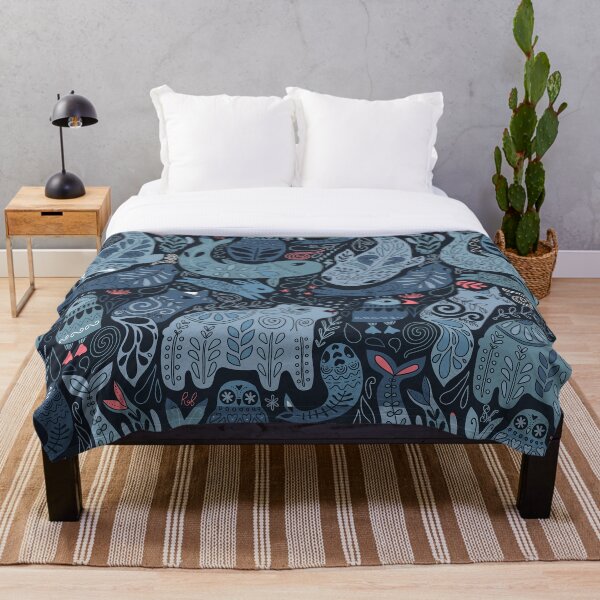Arctic animals. Narwhal, polar bear, whale, puffin, owl, fox, bunny, seal. Throw Blanket