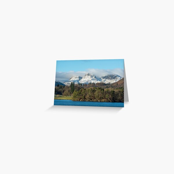 The Langdale Pikes in Winter seen from Lake Windermere in the Lake District National Park Greeting Card