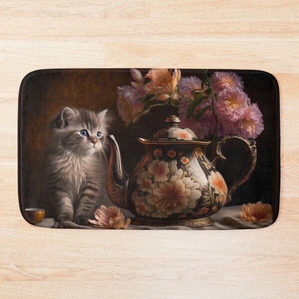 Item preview, Adorable Kitten with a Teapot and Saucer - Vintage Style Still Life designed and sold by newnomads-art.