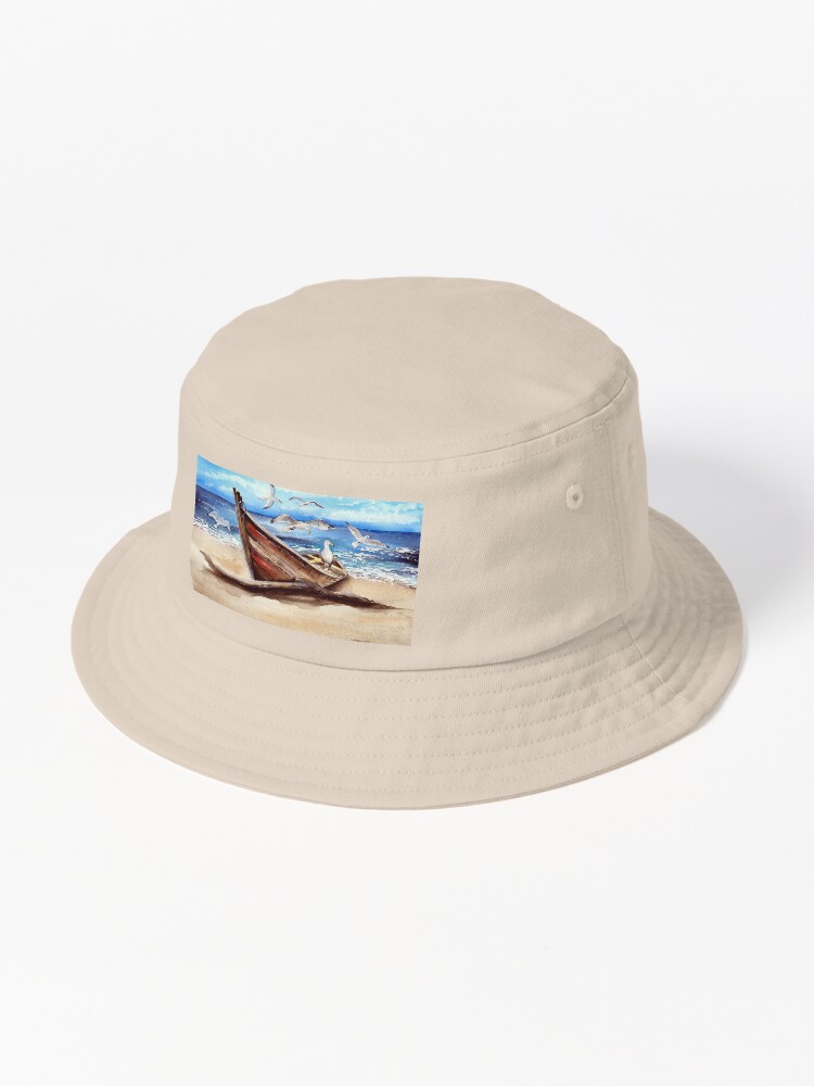 Watercolor picture of an old fishing boat Bucket Hat for Sale by