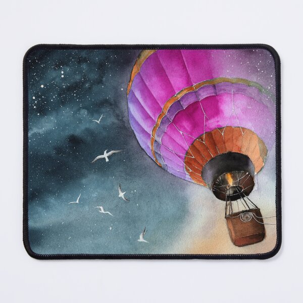 Aperçu de l'œuvre Un ballon à air violet dans un ciel étoilé avec des mouettes blanches créée et vendue par MaryWatercolor.