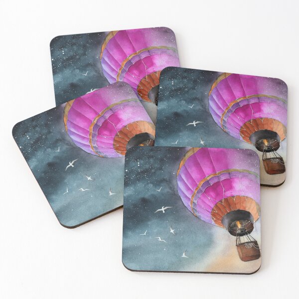 Item preview, A purple air balloon in starry night sky with white seagulls designed and sold by MaryWatercolor.