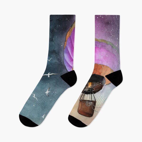 Item preview, A purple air balloon in starry night sky with white seagulls designed and sold by MaryWatercolor.