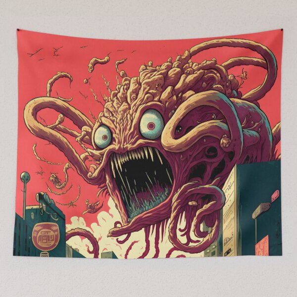 Item preview, Creepy Hungry Monster with Tentacles in the City - Retrofuturism Japanese Anime Retro 60s designed and sold by AIWanderer.