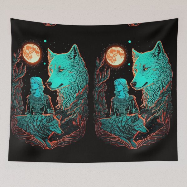 Item preview, Mythical Wolves protecting girl in glowing night tarot designed and sold by Visual-wallart.