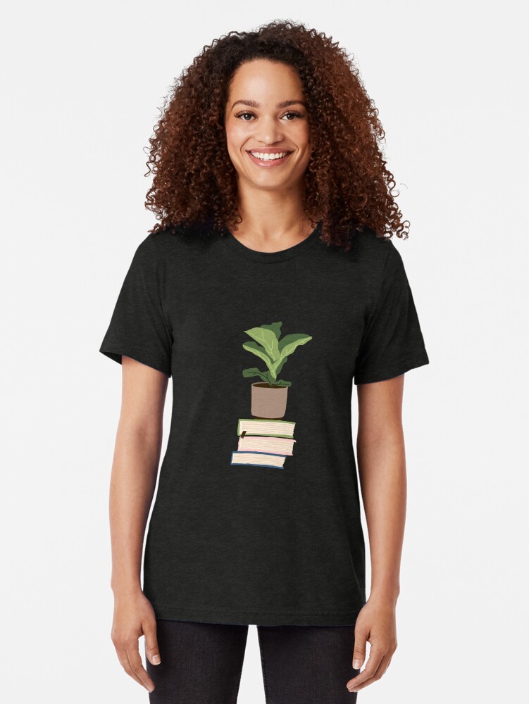 Imagen 2 de 7, Camiseta de tejido mixto con la obra Planta de interior sobre libros apilados, diseñada y vendida por alanapwoods.