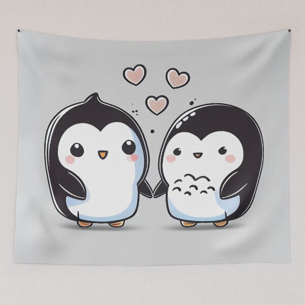 Item preview, kawaii cute happy penguin couple designed and sold by EmeraldeaArt.